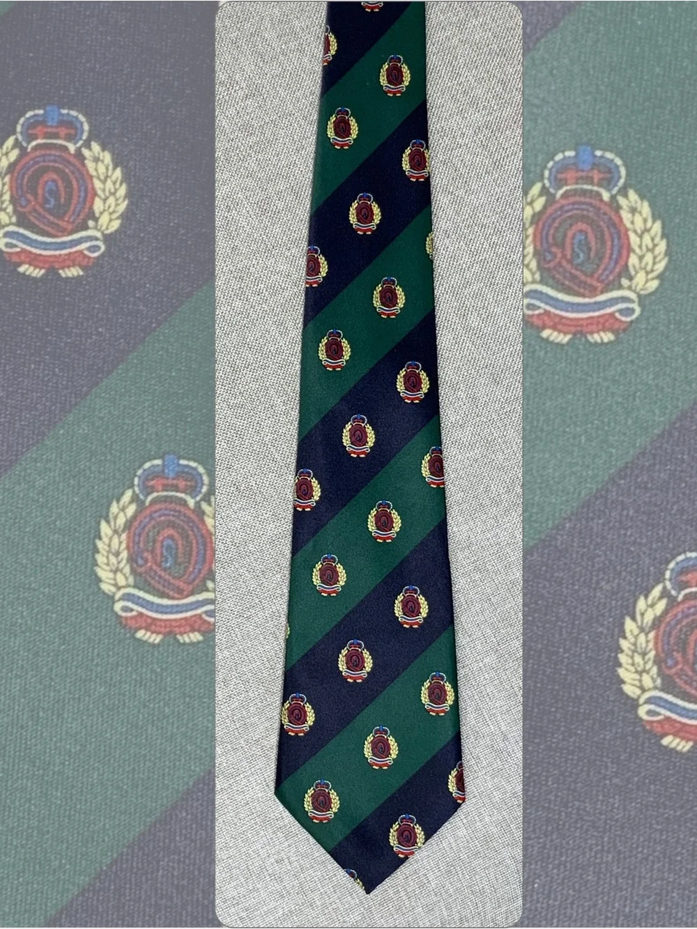 Navy Green Repp Stripe Crest Club Silk Tie Preppy Necktie
